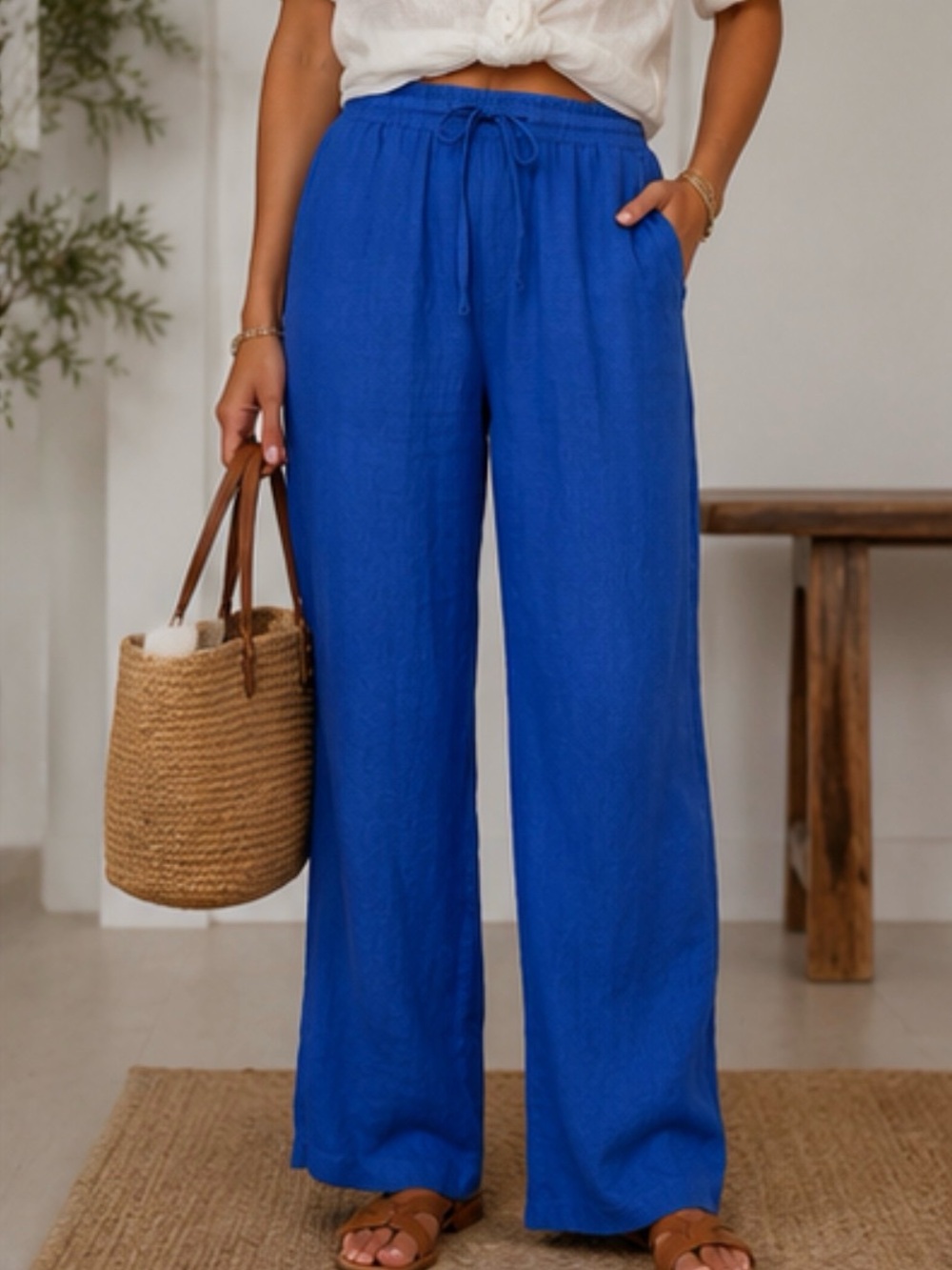 Women’s Love Tree Linen-Blend Blue Pants — Size S — NWT